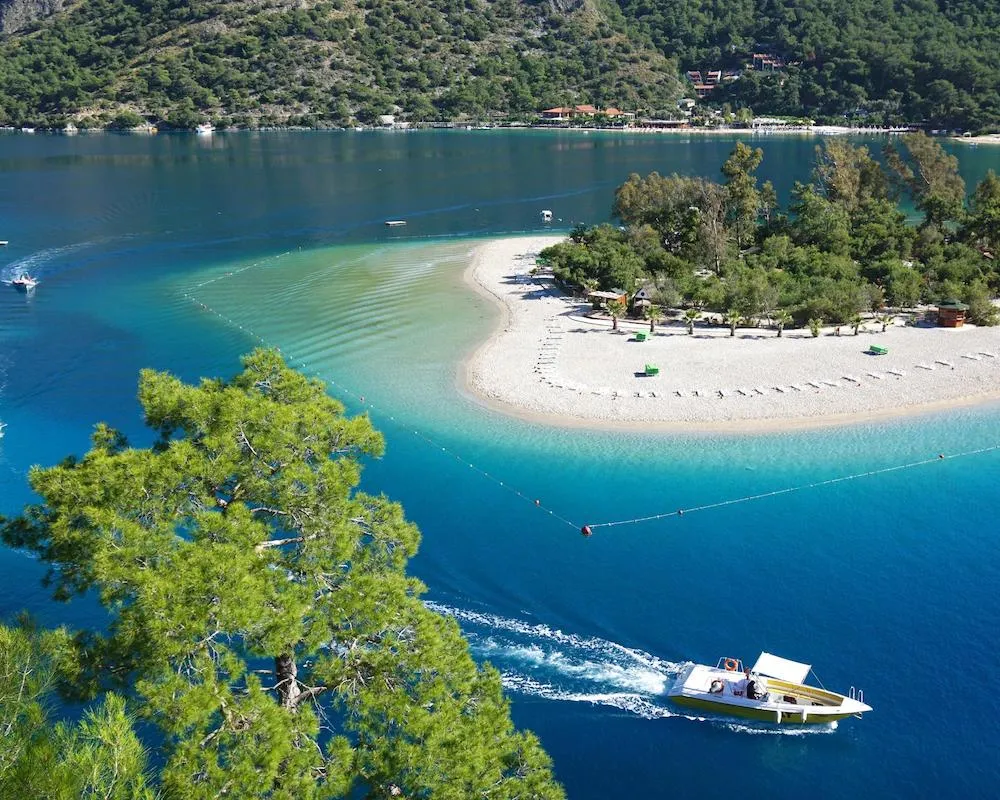 Quiet sandy beach surrounded by lush pine trees near Oludeniz, Turkey.
